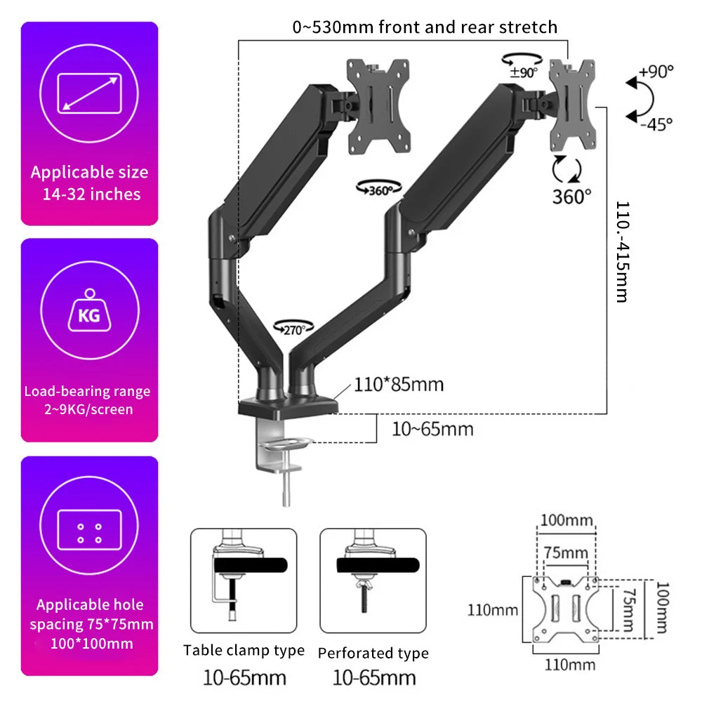 Soporte para dos monitores (2-9KG), rotación de 360°